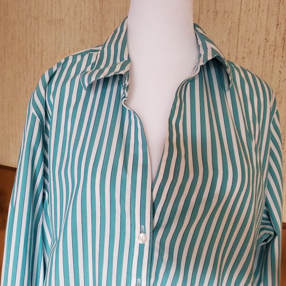 Foxcroft 100% Cotton Striped Button Down Shirt‎ Teal Green White Size XXL - Picture 3 of 15
